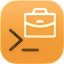 A terminal caret with a prompt line, with a briefcase in a squircle